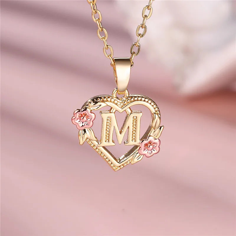 Female A-Z Letter Flower Pendant Necklace Yellow Gold Color Wedding Jewelry Gift for Women