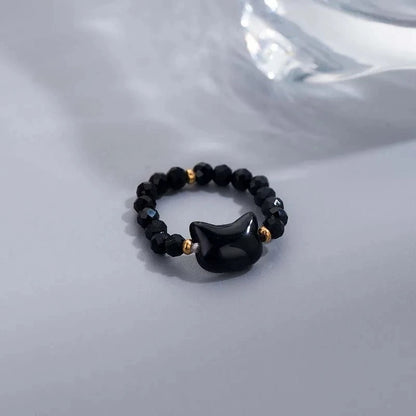 1Pcs Natural Moonstone Obsidian Rings Beads Minimalist Fidget Ring Cute Black White Cat Ring Women Men Party Accessories Jewelry