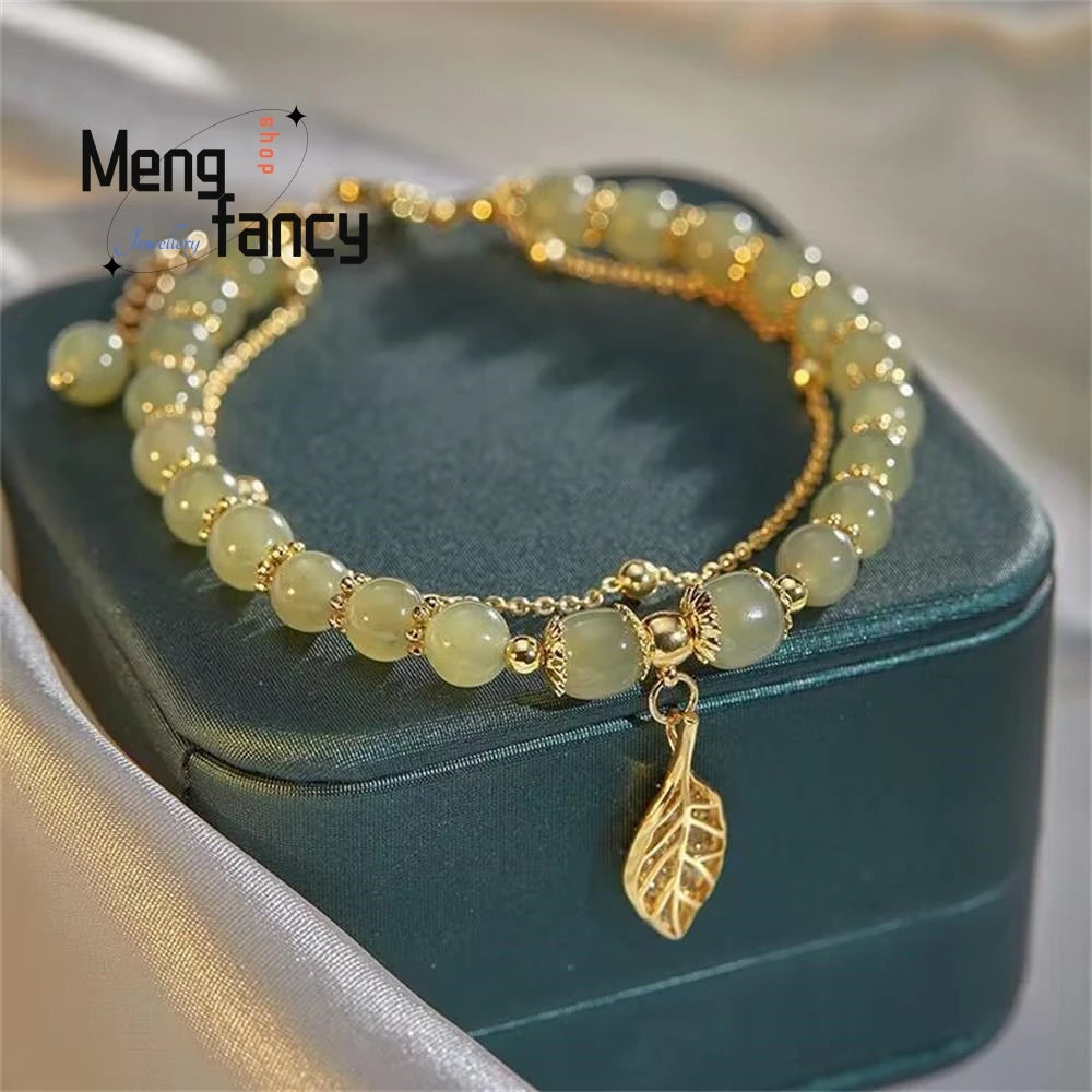 Natural Hetian Jasper Golden Branch Jade Leaves Bracelet Exquisite Sexy Young Girls Fashion Jewelry Best Selling Holiday Gift