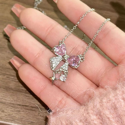 Sweet Pink Bow Necklace Ladies Fashion Sparkling Rhinestone Star Shape Pendant Clavicle Chain Delicate Wedding Accesories