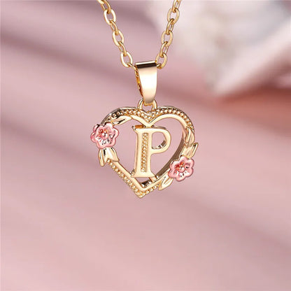 Female A-Z Letter Flower Pendant Necklace Yellow Gold Color Wedding Jewelry Gift for Women