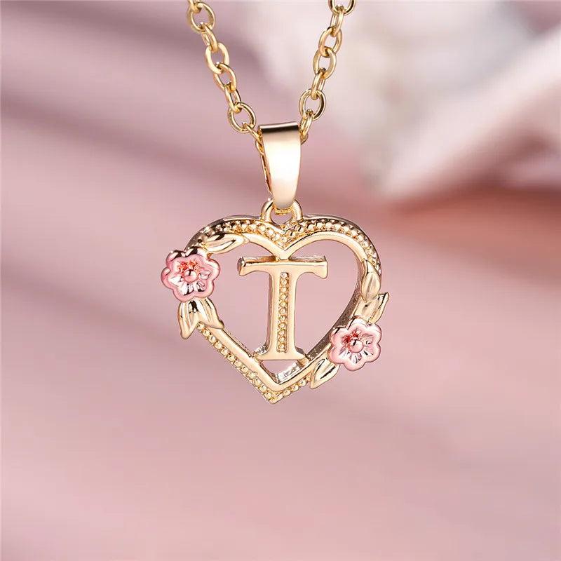 Female A-Z Letter Flower Pendant Necklace Yellow Gold Color Wedding Jewelry Gift for Women