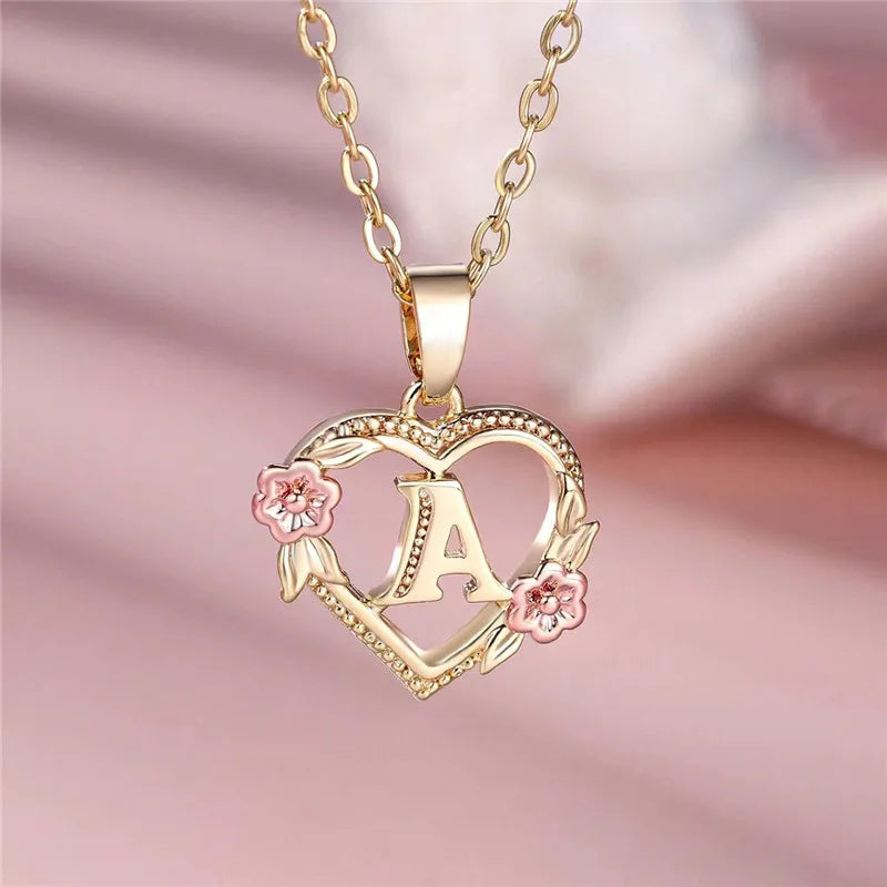 Female A-Z Letter Flower Pendant Necklace Yellow Gold Color Wedding Jewelry Gift for Women