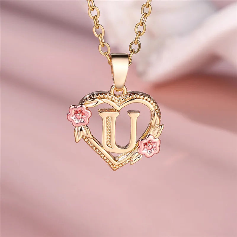 Female A-Z Letter Flower Pendant Necklace Yellow Gold Color Wedding Jewelry Gift for Women