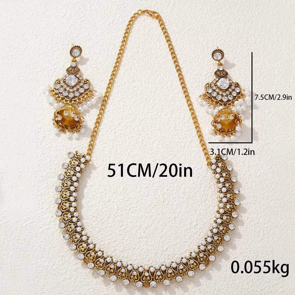 Bronze Pearl Beads Crystal Pendant Earrings Necklace Sets Women Bijoux Ethnic Rhinestone Indian Jewelry Sets Bridal Gifts