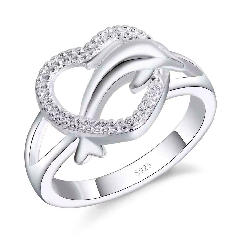 Dolphin Hollow Heart Low Key Exquisite Design Active Female Girl 100% 925 Sterling Silver Color Jewelry Accessories Rings