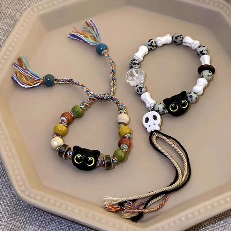 1/2PCS Tassels Big Eye Cat Bracelets for Women Men Sweet Cool Skull Ceramic Beaded Bracelet Aesthetic Party Jewelry Accessories