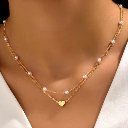 FTCY 3Pcs Women'S Pearl Necklace Set 14K Gold Fashion Love Heart Pendant Waterproof Hypoallergenic Collarbone Neck Chain Jewelry