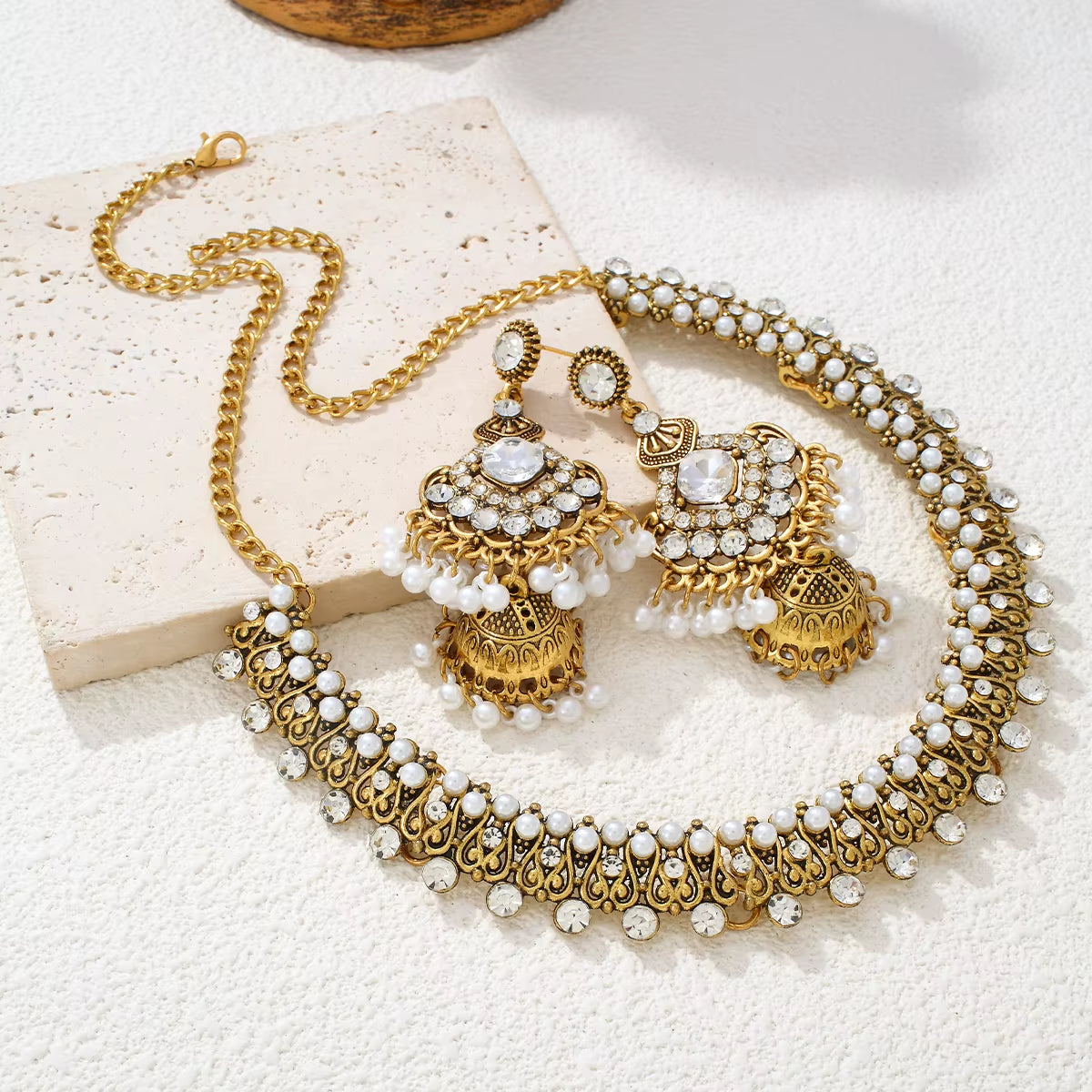 Bronze Pearl Beads Crystal Pendant Earrings Necklace Sets Women Bijoux Ethnic Rhinestone Indian Jewelry Sets Bridal Gifts